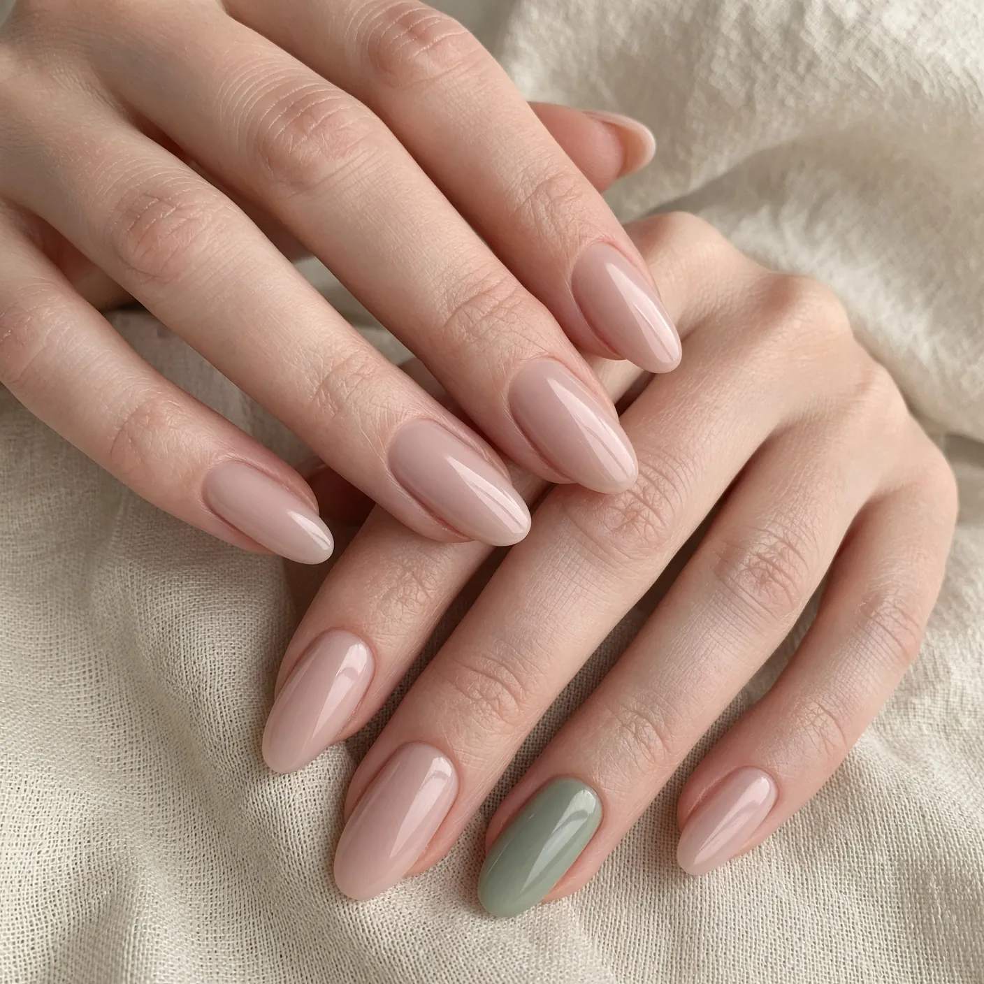 Milky blush gel manicure with a sage accent nail