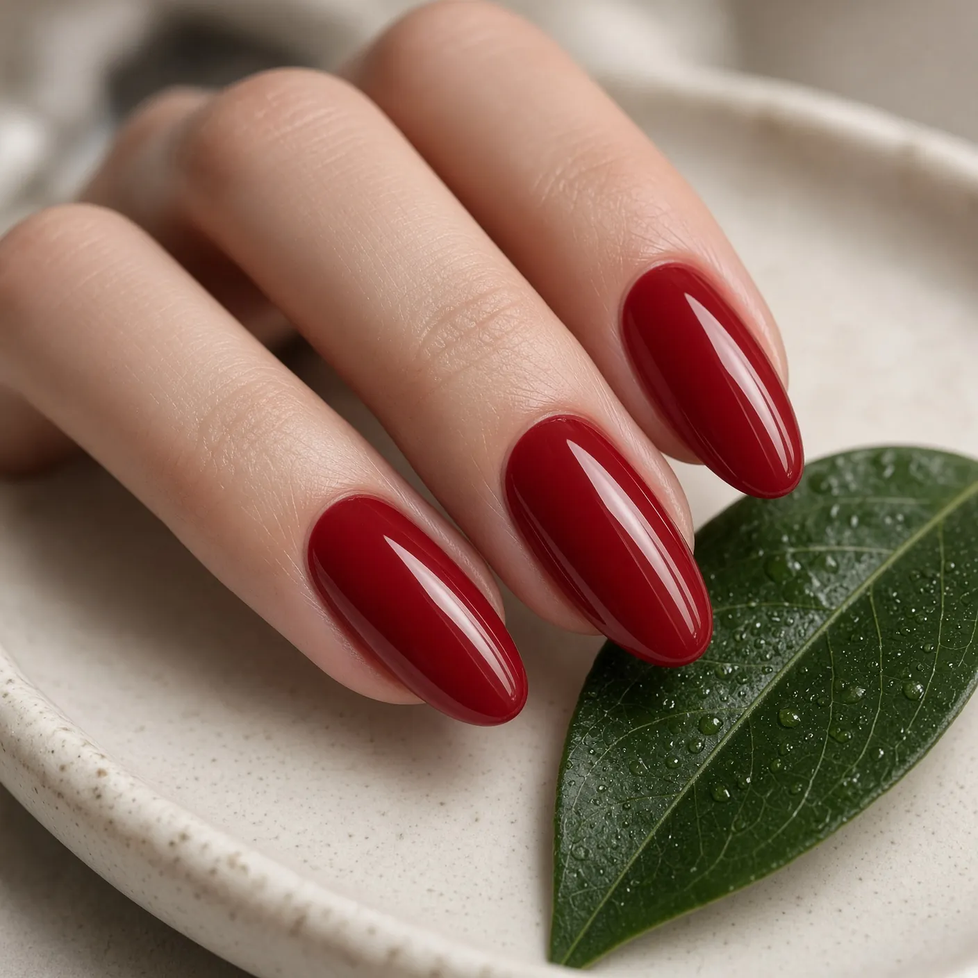 Glossy cherry-red almond gel nails
